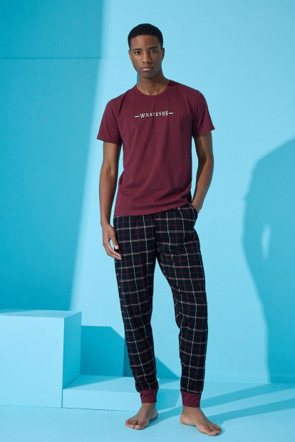 Bordo Whatever Baskılı Kısa Kollu Erkek Pijama Takımı - 3