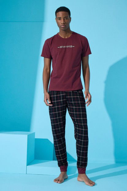 Bordo Whatever Baskılı Kısa Kollu Erkek Pijama Takımı - 4