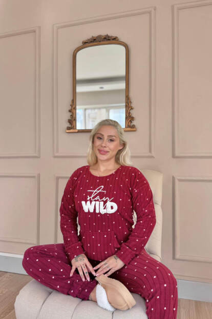 Bordo Wild Desenli Kanguru Cepli Peluş Polar Pijama Takımı - 3