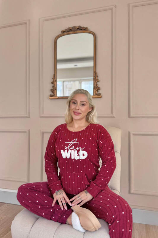 Bordo Wild Desenli Kanguru Cepli Peluş Polar Pijama Takımı - Pijamaevi (2)