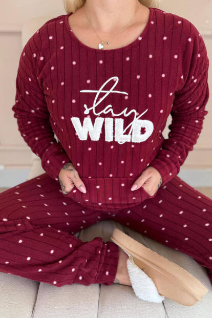 Bordo Wild Desenli Kanguru Cepli Peluş Polar Pijama Takımı - 4