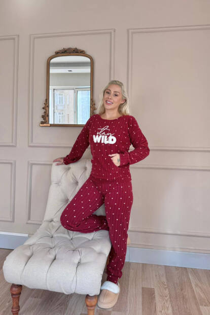 Bordo Wild Desenli Kanguru Cepli Peluş Polar Pijama Takımı - 5