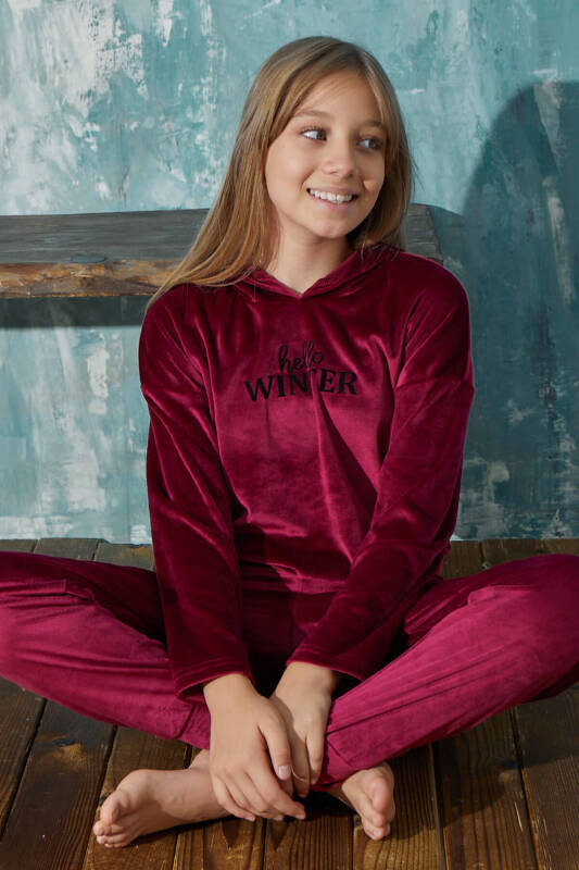 Bordo Winter Desenli Exclusive Kadife Kız Çocuk Pijama Takımı  - Pijamaevi