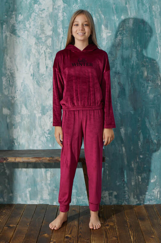 Bordo Winter Desenli Exclusive Kadife Kız Çocuk Pijama Takımı  - Pijamaevi (1)