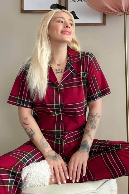 Bordo Yeşil Ekose Baskılı Önden Düğmeli Kısa Kollu Pijama - 1