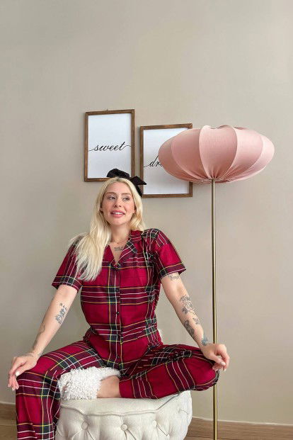 Bordo Yeşil Ekose Baskılı Önden Düğmeli Kısa Kollu Pijama - 2