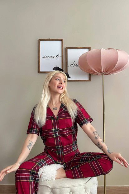Bordo Yeşil Ekose Baskılı Önden Düğmeli Kısa Kollu Pijama - 3