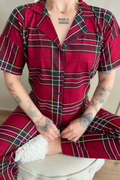 Bordo Yeşil Ekose Baskılı Önden Düğmeli Kısa Kollu Pijama - 4