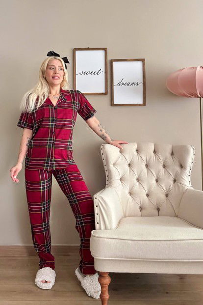 Bordo Yeşil Ekose Baskılı Önden Düğmeli Kısa Kollu Pijama - 5