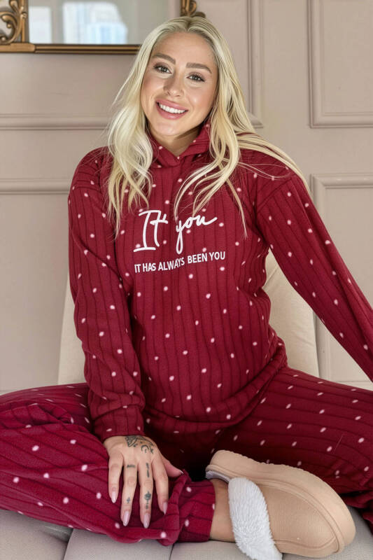Bordo You Desenli Kapşonlu Peluş Polar Pijama Takımı - Pijamaevi