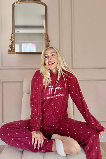 Bordo You Desenli Kapşonlu Peluş Polar Pijama Takımı - 2