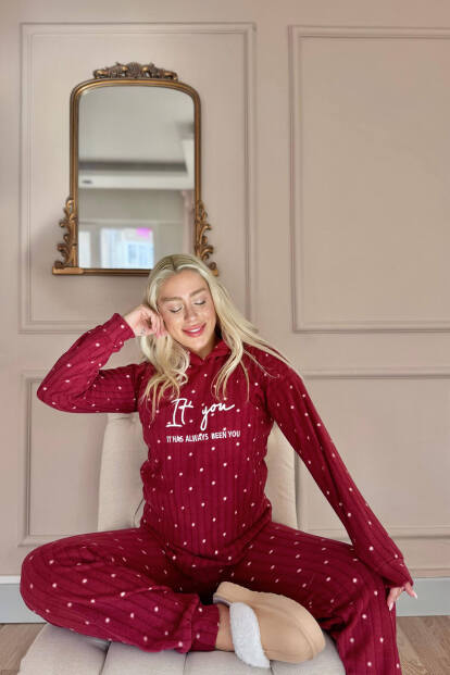 Bordo You Desenli Kapşonlu Peluş Polar Pijama Takımı - 3