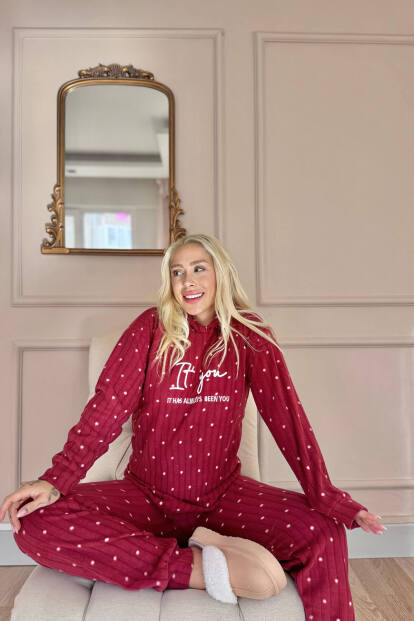 Bordo You Desenli Kapşonlu Peluş Polar Pijama Takımı - 4