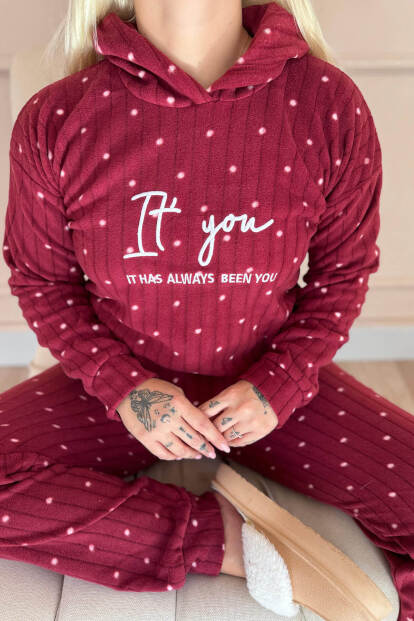 Bordo You Desenli Kapşonlu Peluş Polar Pijama Takımı - 5