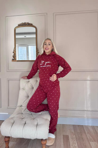 Bordo You Desenli Kapşonlu Peluş Polar Pijama Takımı - 6