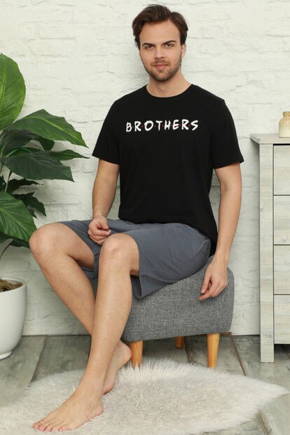 Brothers Baskılı Şortlu Kısa Kollu Erkek Pijama Takımı - 2