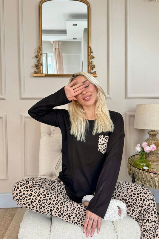 Brown Leopar Desenli Bambu Uzun Kol Kadın Pijama Takımı - Pijamaevi (3)