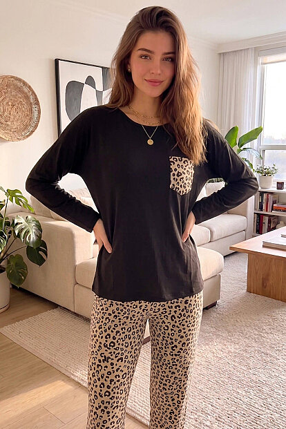Brown Leopar Desenli Bambu Uzun Kol Kadın Pijama Takımı - 6