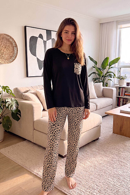 Brown Leopar Desenli Bambu Uzun Kol Kadın Pijama Takımı - 7