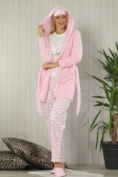 Bulut Desenli Sabahlıklı Peluş Pijama Takımı - 1