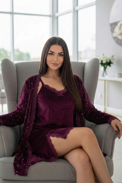 Burgundy Night Exclusive Kadife Sabahlıklı Gecelik Kadın Pijama Takımı - 2