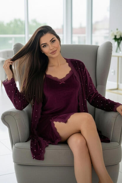 Burgundy Night Exclusive Kadife Sabahlıklı Gecelik Kadın Pijama Takımı - 3