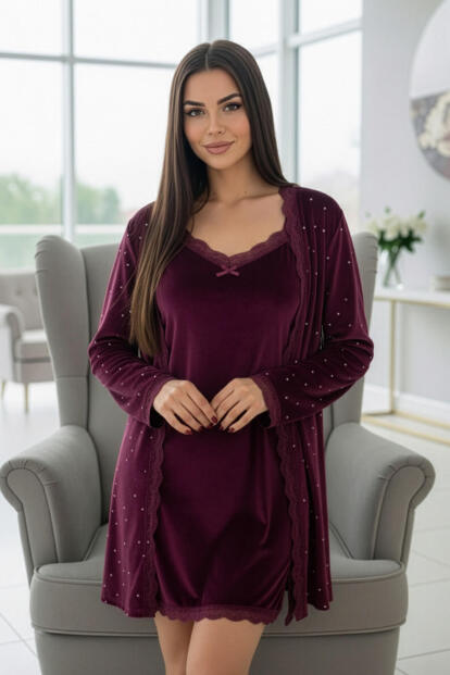 Burgundy Night Exclusive Kadife Sabahlıklı Gecelik Kadın Pijama Takımı - 6