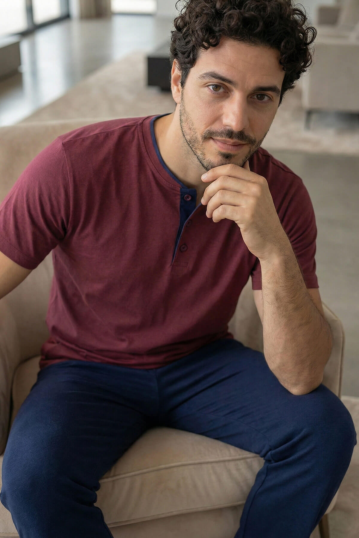 Burgundy Wine Kısa Kollu Pat Detaylı Elegant Erkek Pijama Takımı - Pijamaevi