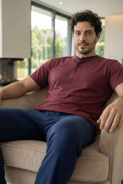 Burgundy Wine Kısa Kollu Pat Detaylı Elegant Erkek Pijama Takımı - 2