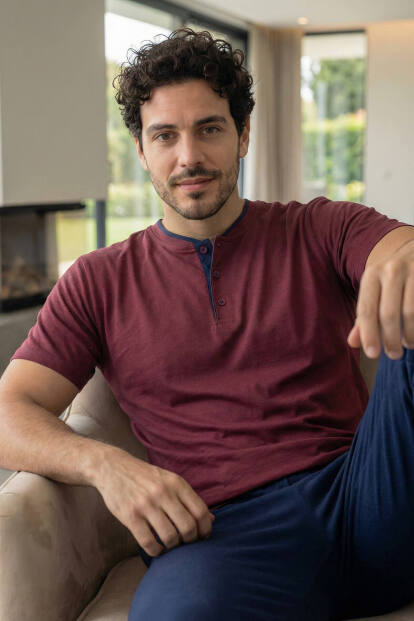 Burgundy Wine Kısa Kollu Pat Detaylı Elegant Erkek Pijama Takımı - 3