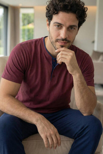 Burgundy Wine Kısa Kollu Pat Detaylı Elegant Erkek Pijama Takımı - 5