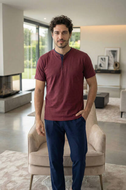 Burgundy Wine Kısa Kollu Pat Detaylı Elegant Erkek Pijama Takımı - 7