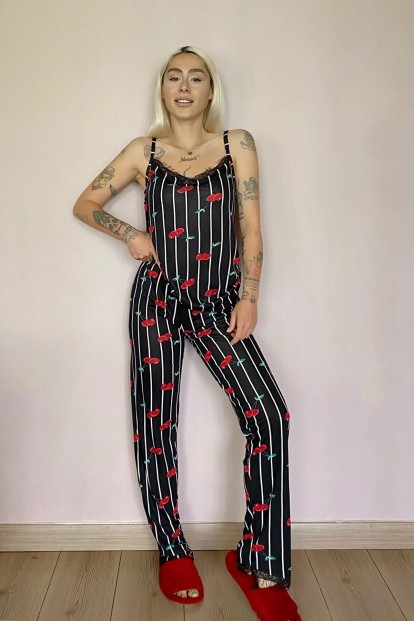 Büyük Kiraz Dantelli İp Askılı Örme Kadın Pijama Takımı - 4