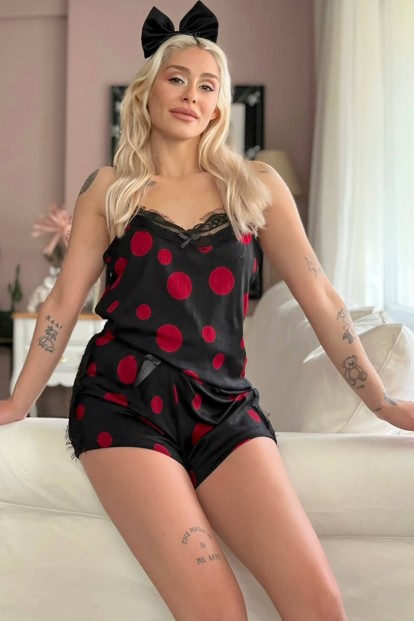 Büyük Kırmızı Puan Pegasus Dantel Detaylı İp Askı Şortlu Örme Pijama Takımı - 3