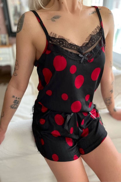 Büyük Kırmızı Puan Pegasus Dantel Detaylı İp Askı Şortlu Örme Pijama Takımı - 4