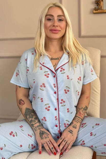 Buz Mavisi Sofistic Cherry Önden Düğmeli Kısa Kol Kadın Pijama Takımı - 6
