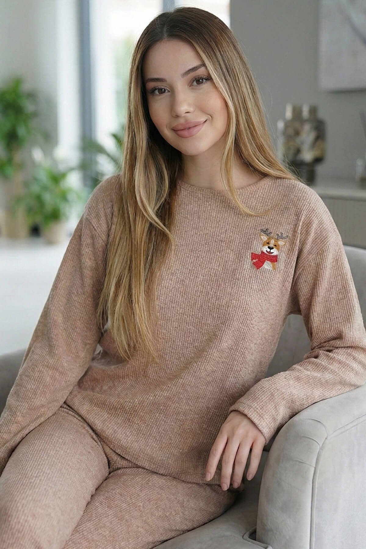Camel Deer Desenli Uzun Kollu Seul Örme Kadın Pijama Takımı - Pijamaevi