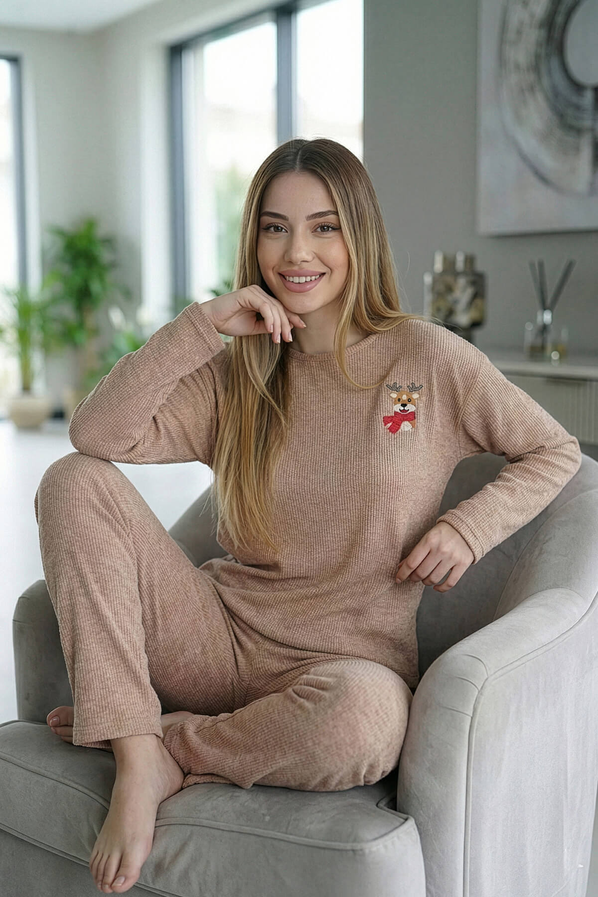 Camel Deer Desenli Uzun Kollu Seul Örme Kadın Pijama Takımı - Pijamaevi (1)