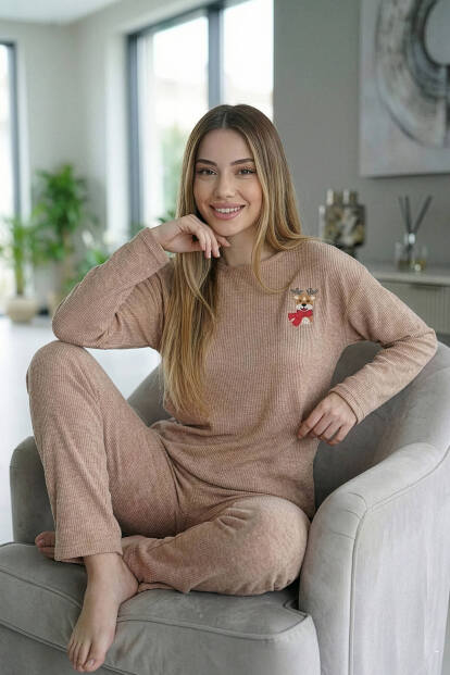 Camel Deer Desenli Uzun Kollu Seul Örme Kadın Pijama Takımı - 2