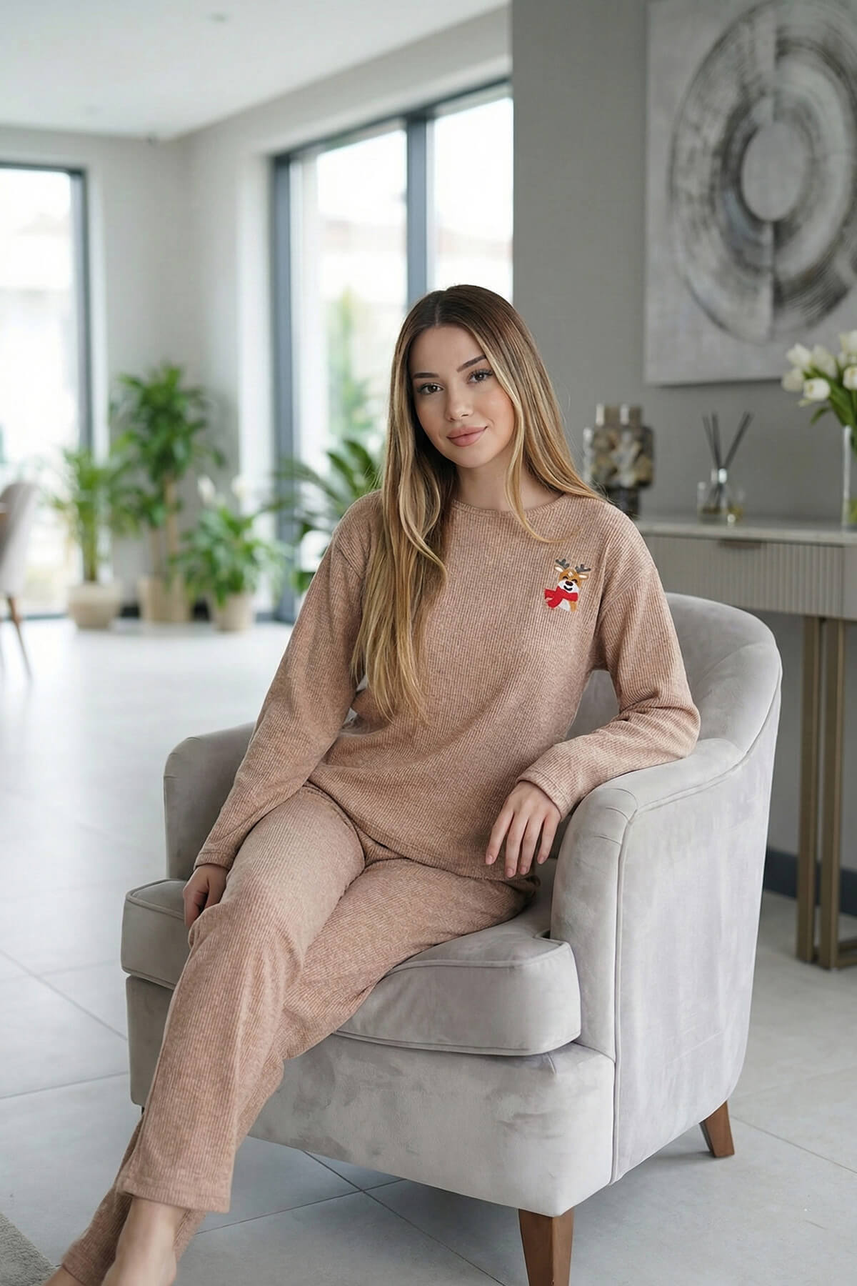 Camel Deer Desenli Uzun Kollu Seul Örme Kadın Pijama Takımı - Pijamaevi (3)