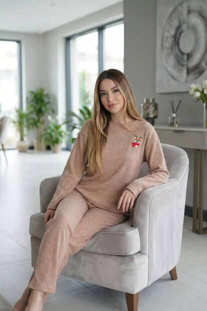 Camel Deer Desenli Uzun Kollu Seul Örme Kadın Pijama Takımı - 4