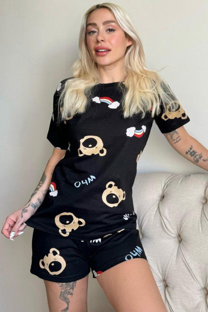 Canid Desenli Örme Şortlu Kısa Kollu Kadın Pijama Takımı - 1