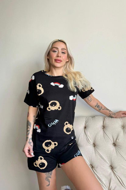 Canid Desenli Örme Şortlu Kısa Kollu Kadın Pijama Takımı - 2
