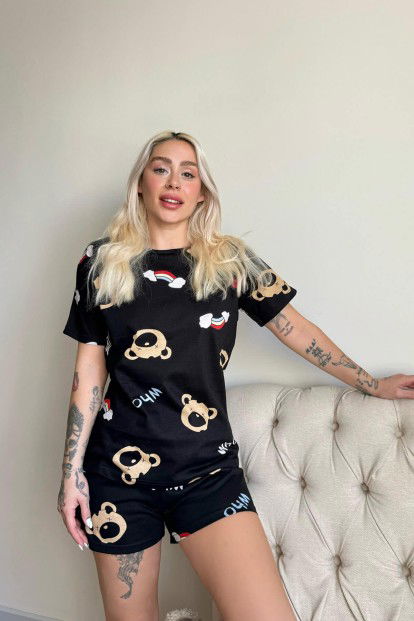 Canid Desenli Örme Şortlu Kısa Kollu Kadın Pijama Takımı - 3
