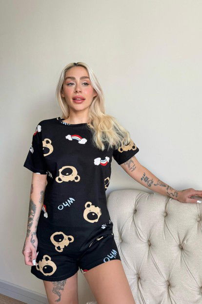 Canid Desenli Örme Şortlu Kısa Kollu Kadın Pijama Takımı - 4