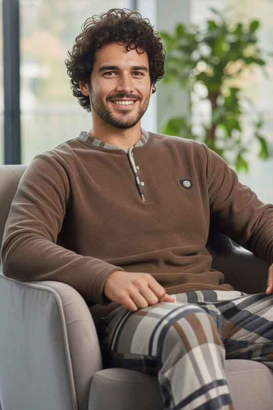 Cappuccino Kahve Ekose Desenli Polar Erkek Pijama Takımı - Pijamaevi (2)