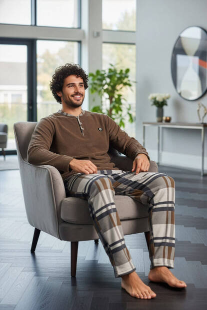 Cappuccino Kahve Ekose Desenli Polar Erkek Pijama Takımı - 4