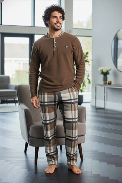 Cappuccino Kahve Ekose Desenli Polar Erkek Pijama Takımı - 5