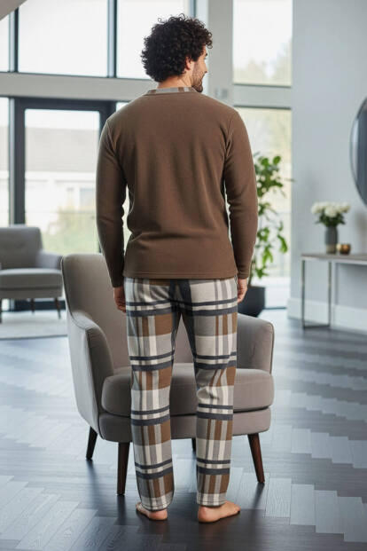 Cappuccino Kahve Ekose Desenli Polar Erkek Pijama Takımı - 6