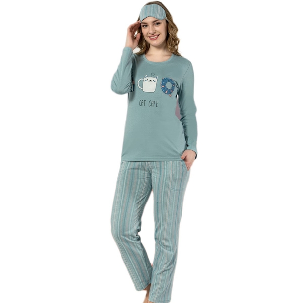 Cat Cafe Desenli Uzun Kollu Bayan Pijama Takımı - 1